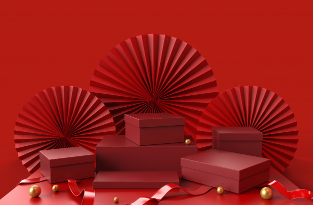 展示豪華產品的包裝的介紹有抽象瓷紙背景和金黃球在地板上,3d的紅色指揮臺禮物盒例證。 優質照片